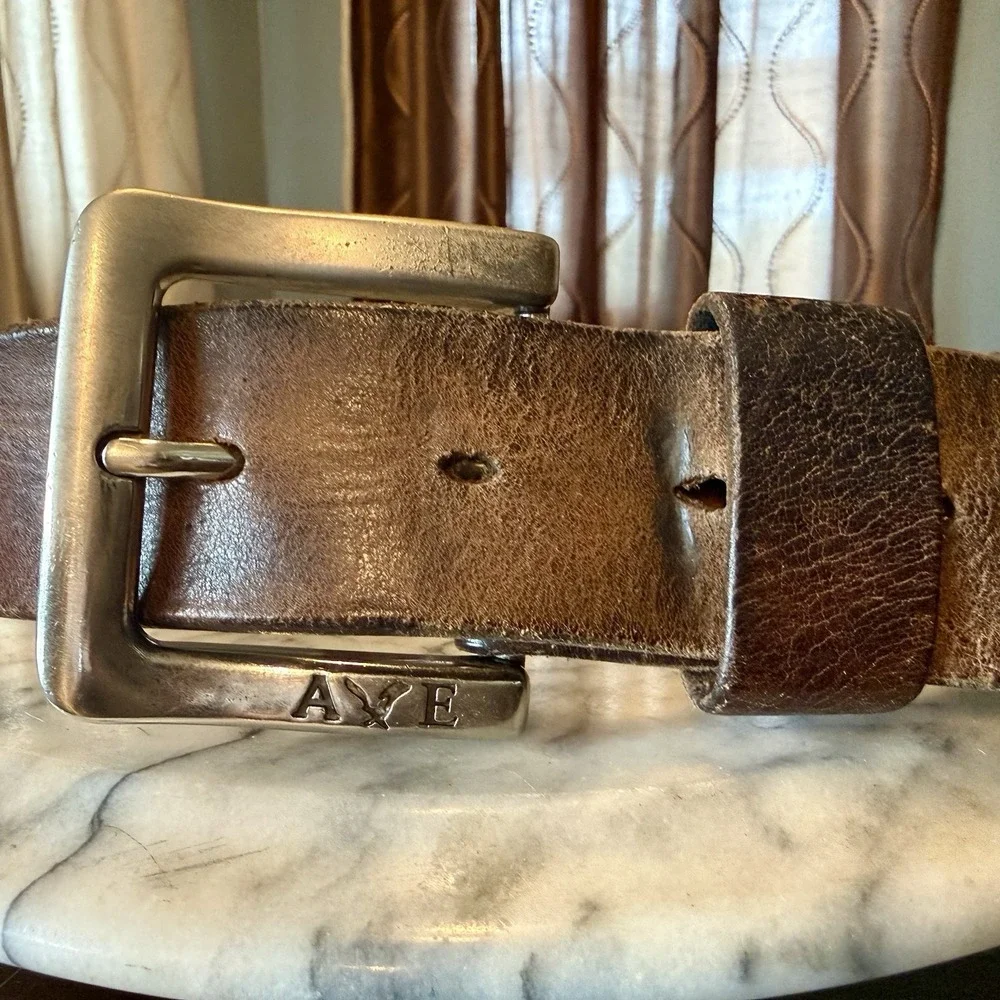 VTG 90s Y2K American Eagle Brown Leather Weathered Silver Grommet Belt Sz 34-40